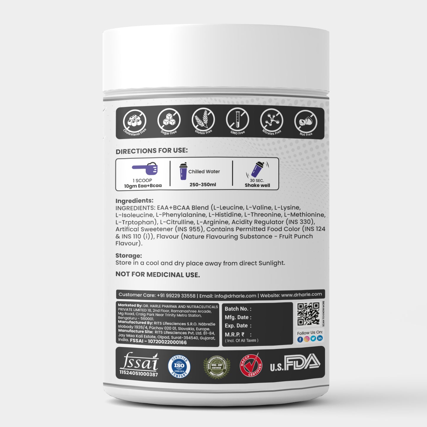 Dr. Harle Meta Fuel BCAA + EAA Powder | 2:1:1 Ratio | All 9 Essential Amino Acids + Electrolytes | Zero Sugar | Fruit Punch Flavor | 250Gm