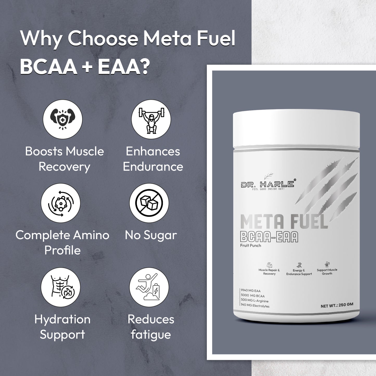 Dr. Harle Meta Fuel BCAA + EAA Powder | 2:1:1 Ratio | All 9 Essential Amino Acids + Electrolytes | Zero Sugar | Fruit Punch Flavor | 250Gm