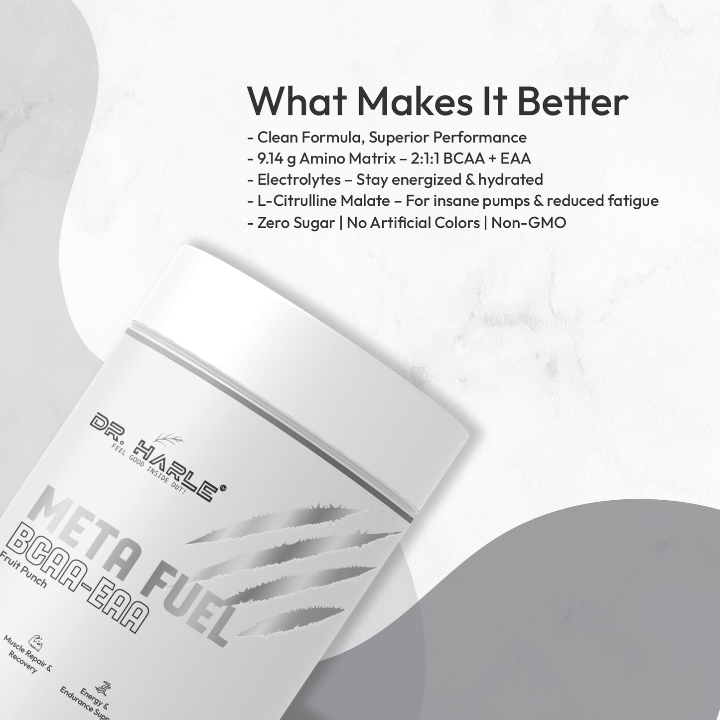Dr. Harle Meta Fuel BCAA + EAA Powder | 2:1:1 Ratio | All 9 Essential Amino Acids + Electrolytes | Zero Sugar | Fruit Punch Flavor | 250Gm