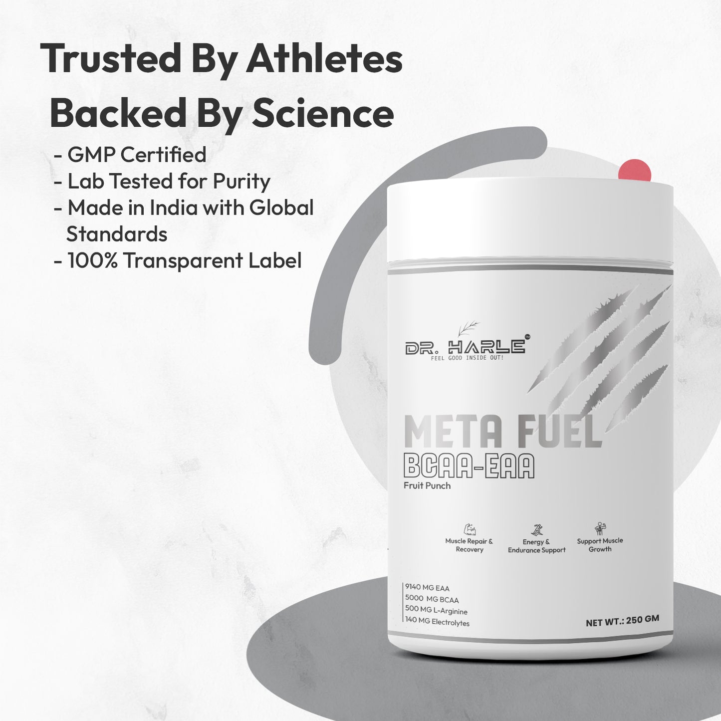 Dr. Harle Meta Fuel BCAA + EAA Powder | 2:1:1 Ratio | All 9 Essential Amino Acids + Electrolytes | Zero Sugar | Fruit Punch Flavor | 250Gm