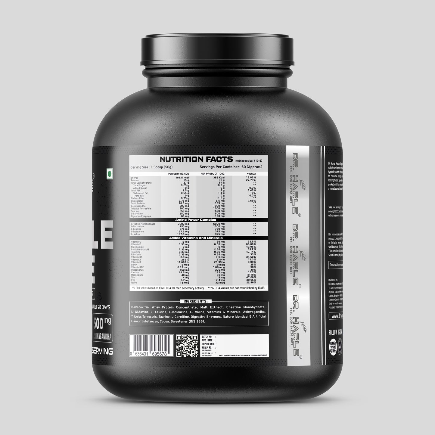 DR. HARLE's Muscle Edge Lean Mass Gainer 3kg | Weight Gainer for Men & Women | 15g Protein per Serving, Ashwagandha 500mg, Creatine 3g, Tribulus 500mg and 17 Vitamins & Minerals | 3kg Chocolate Flavour