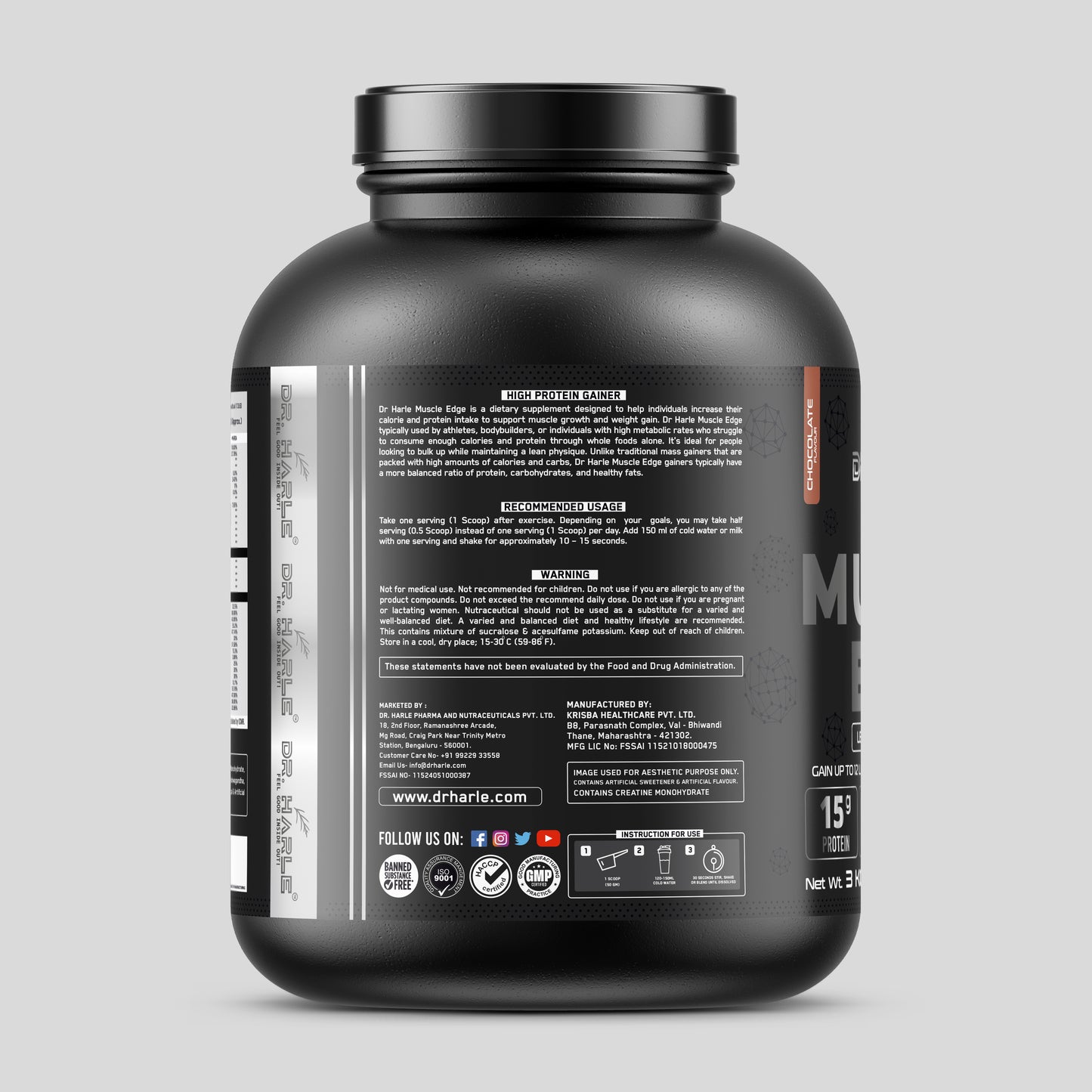 DR. HARLE's Muscle Edge Lean Mass Gainer 3kg | Weight Gainer for Men & Women | 15g Protein per Serving, Ashwagandha 500mg, Creatine 3g, Tribulus 500mg and 17 Vitamins & Minerals | 3kg Chocolate Flavour