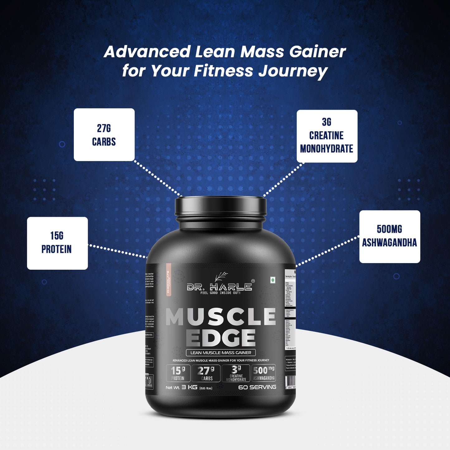 DR. HARLE's Muscle Edge Lean Mass Gainer 3kg | Weight Gainer for Men & Women | 15g Protein per Serving, Ashwagandha 500mg, Creatine 3g, Tribulus 500mg and 17 Vitamins & Minerals | 3kg Chocolate Flavour