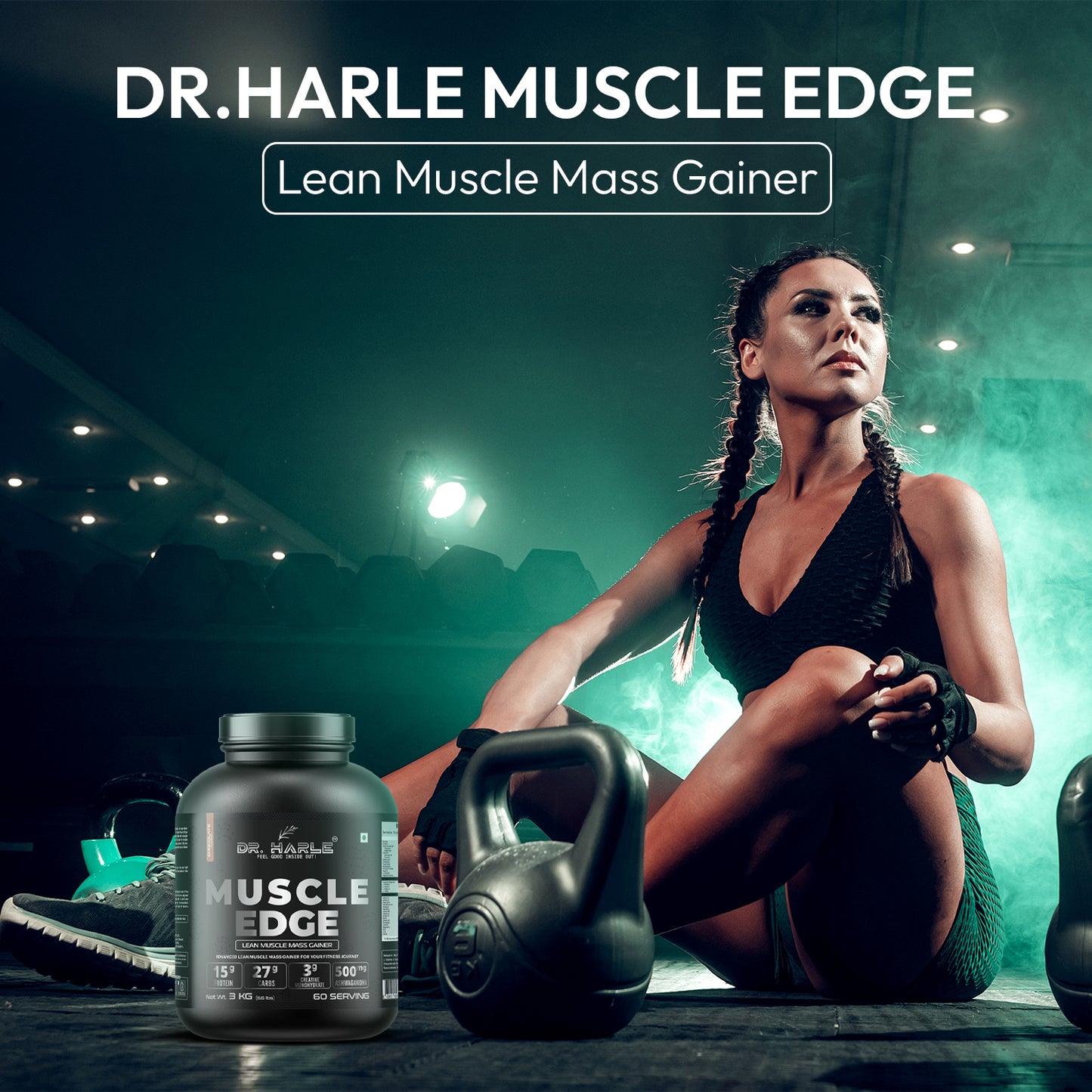 DR. HARLE's Muscle Edge Lean Mass Gainer 3kg | Weight Gainer for Men & Women | 15g Protein per Serving, Ashwagandha 500mg, Creatine 3g, Tribulus 500mg and 17 Vitamins & Minerals | 3kg Chocolate Flavour