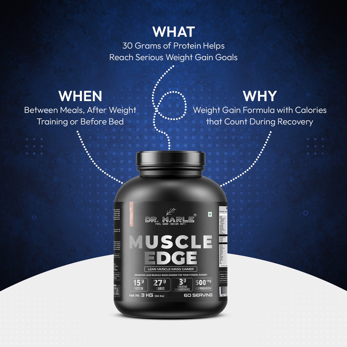 DR. HARLE's Muscle Edge Lean Mass Gainer 3kg | Weight Gainer for Men & Women | 15g Protein per Serving, Ashwagandha 500mg, Creatine 3g, Tribulus 500mg and 17 Vitamins & Minerals | 3kg Chocolate Flavour