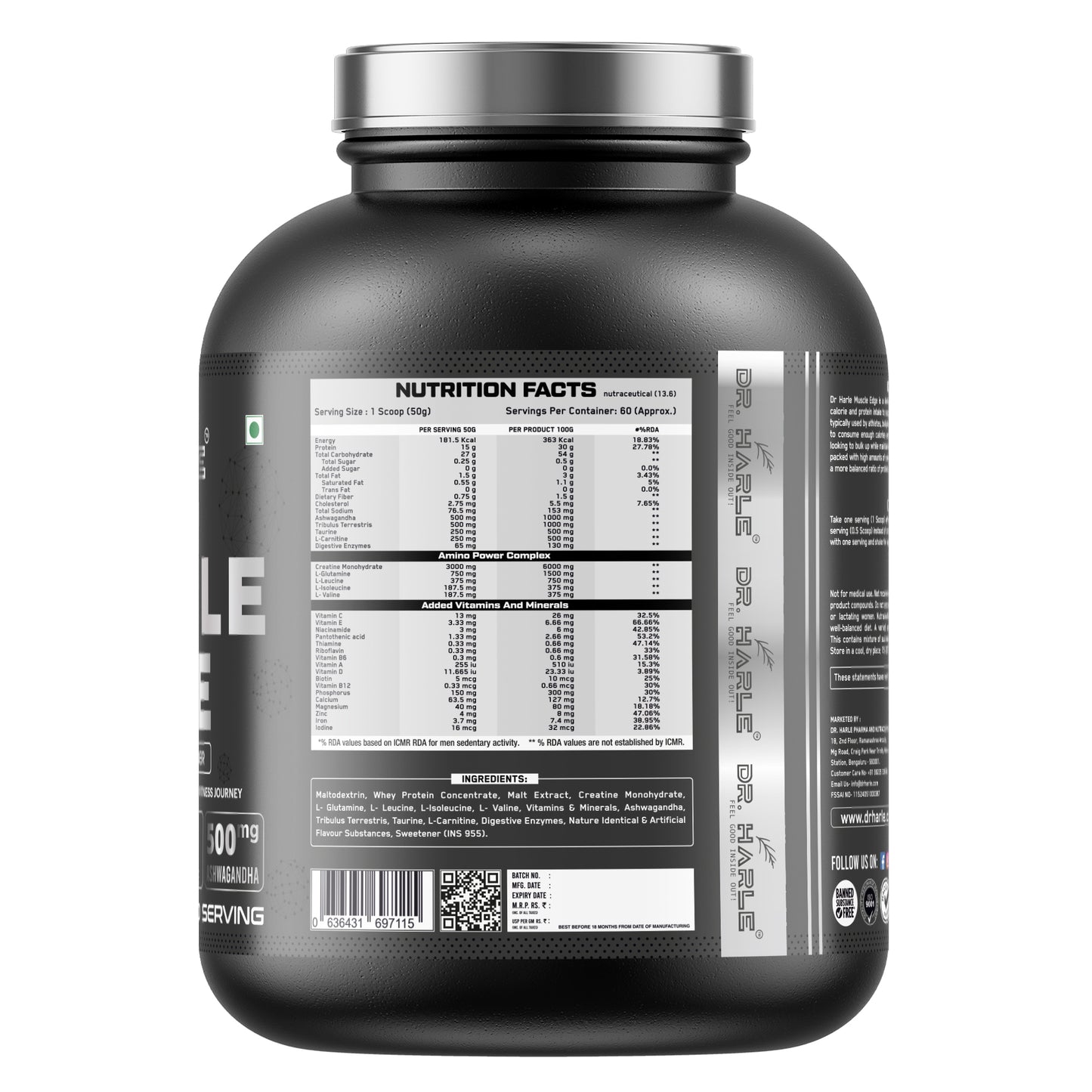 DR. HARLE's Muscle Edge Lean Muscle Mass Gainer 3kg | Weight Gainer for Men & Women | 15g Protein per Serving, Ashwagandha 500mg, Creatine 3g and 17 Vitamins & Minerals | 3kg American Icecream Flavour