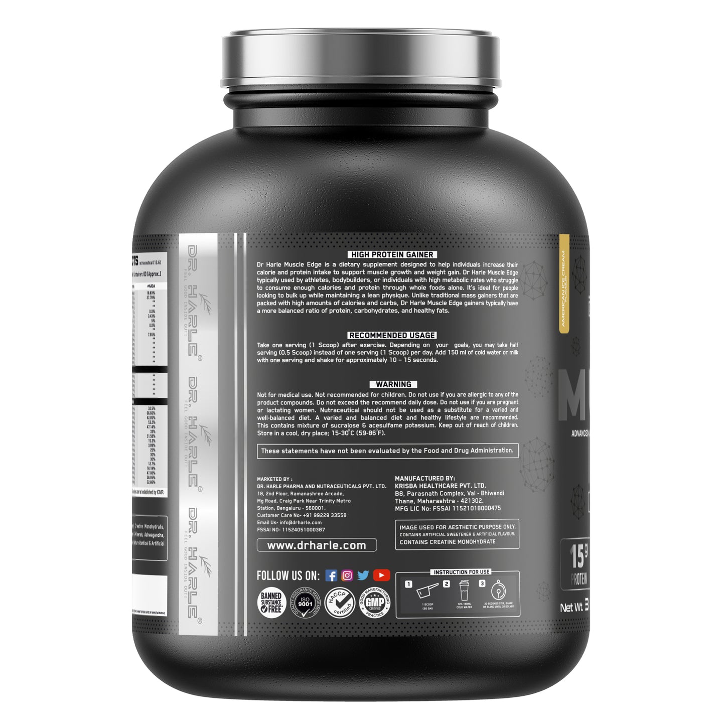 DR. HARLE's Muscle Edge Lean Muscle Mass Gainer 3kg | Weight Gainer for Men & Women | 15g Protein per Serving, Ashwagandha 500mg, Creatine 3g and 17 Vitamins & Minerals | 3kg American Icecream Flavour