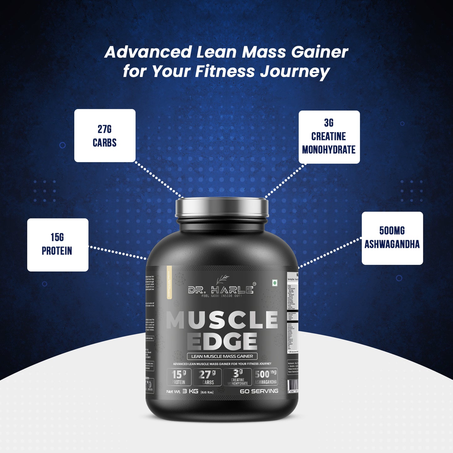 DR. HARLE's Muscle Edge Lean Muscle Mass Gainer 3kg | Weight Gainer for Men & Women | 15g Protein per Serving, Ashwagandha 500mg, Creatine 3g and 17 Vitamins & Minerals | 3kg American Icecream Flavour