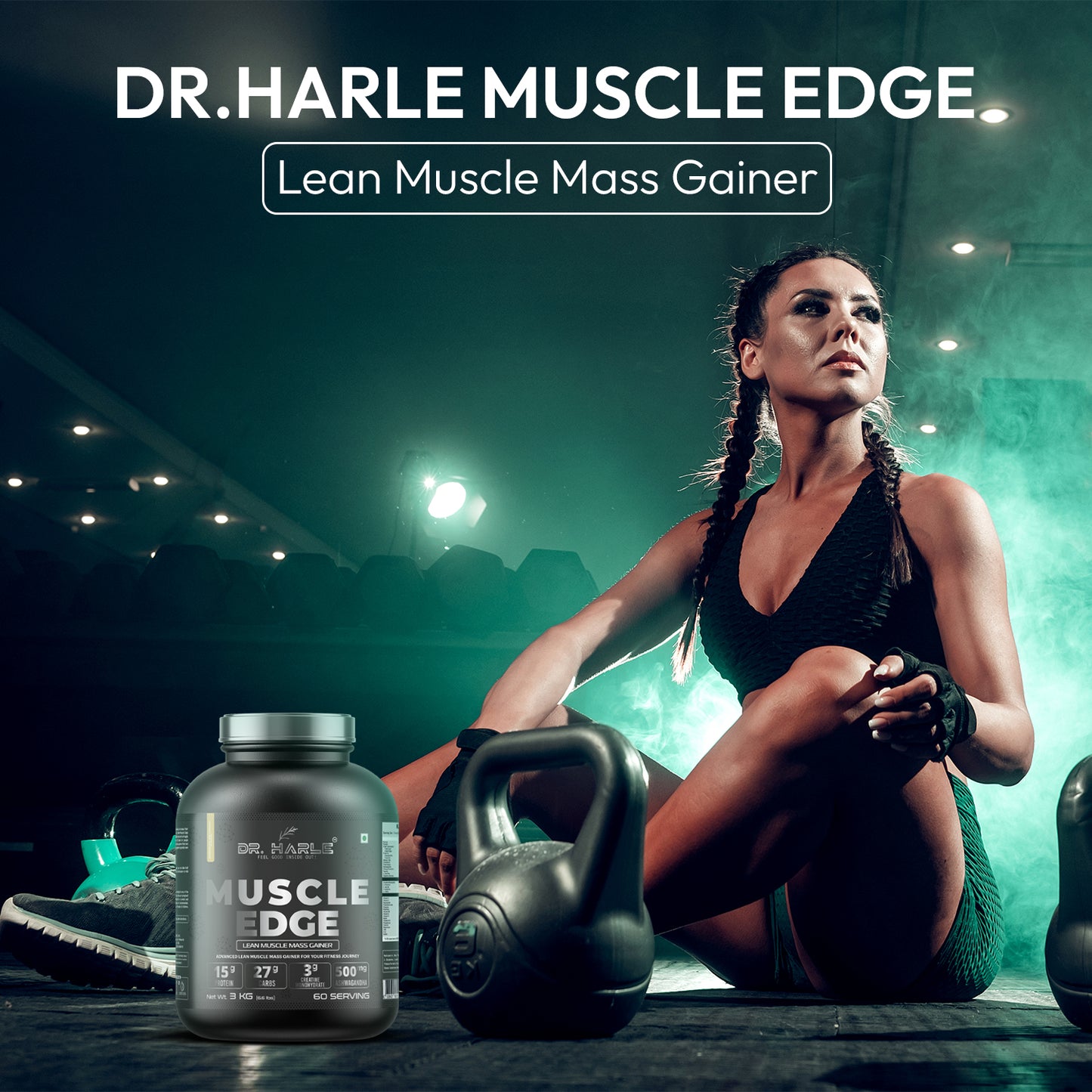 DR. HARLE's Muscle Edge Lean Muscle Mass Gainer 3kg | Weight Gainer for Men & Women | 15g Protein per Serving, Ashwagandha 500mg, Creatine 3g and 17 Vitamins & Minerals | 3kg American Icecream Flavour