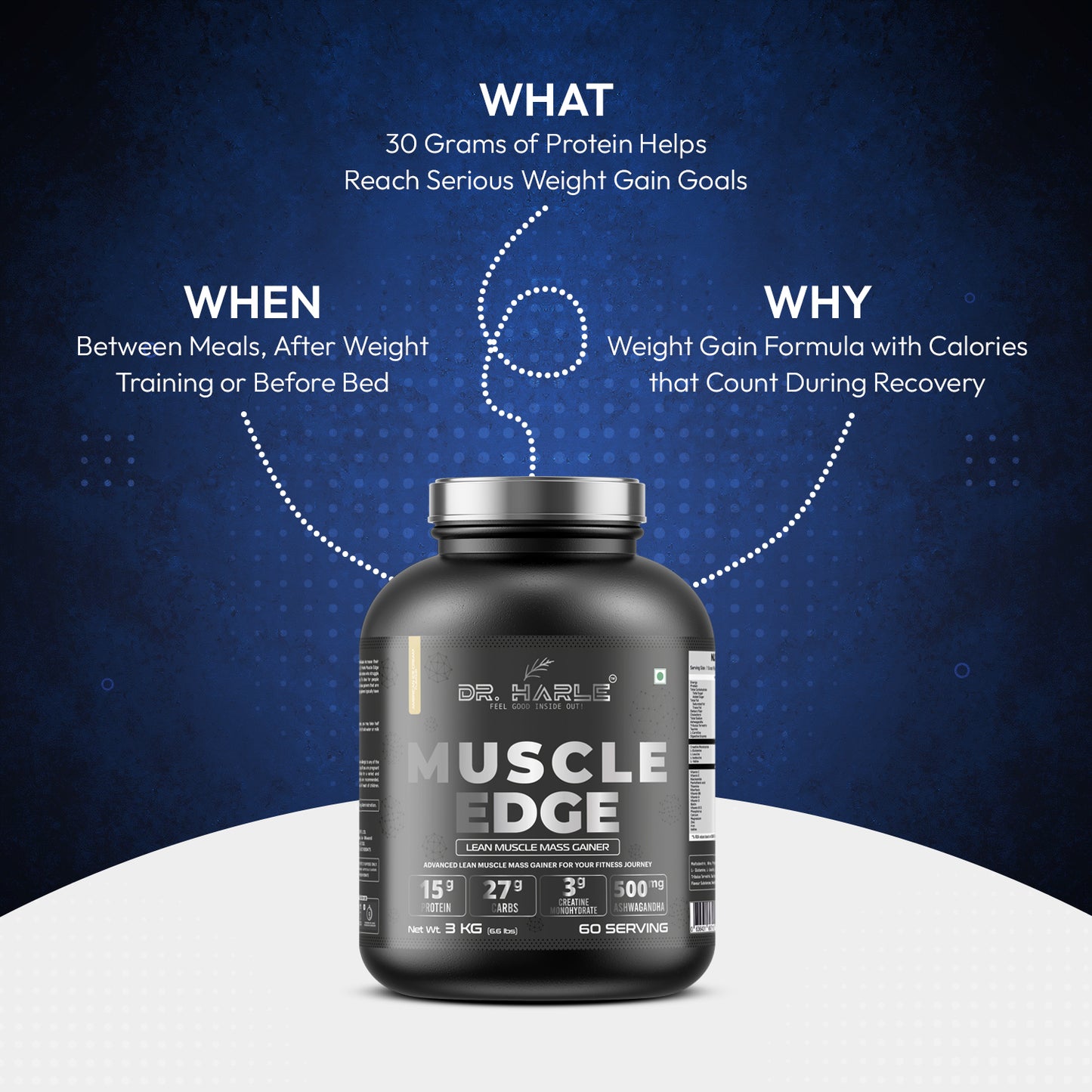 DR. HARLE's Muscle Edge Lean Muscle Mass Gainer 3kg | Weight Gainer for Men & Women | 15g Protein per Serving, Ashwagandha 500mg, Creatine 3g and 17 Vitamins & Minerals | 3kg American Icecream Flavour