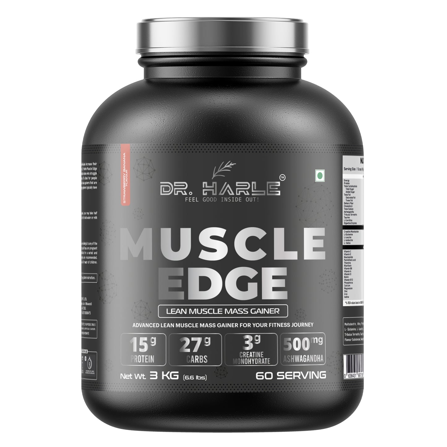 DR. HARLE's Muscle Edge Lean Muscle Mass Gainer 3kg | Weight Gainer for Men & Women | 15g Protein/Serving, Ashwagandha 500mg, Creatine 3g, Tribulus 500mg and 17 Vitamins & Minerals | 60 Servings 3kg Banana Strawberry Flavour