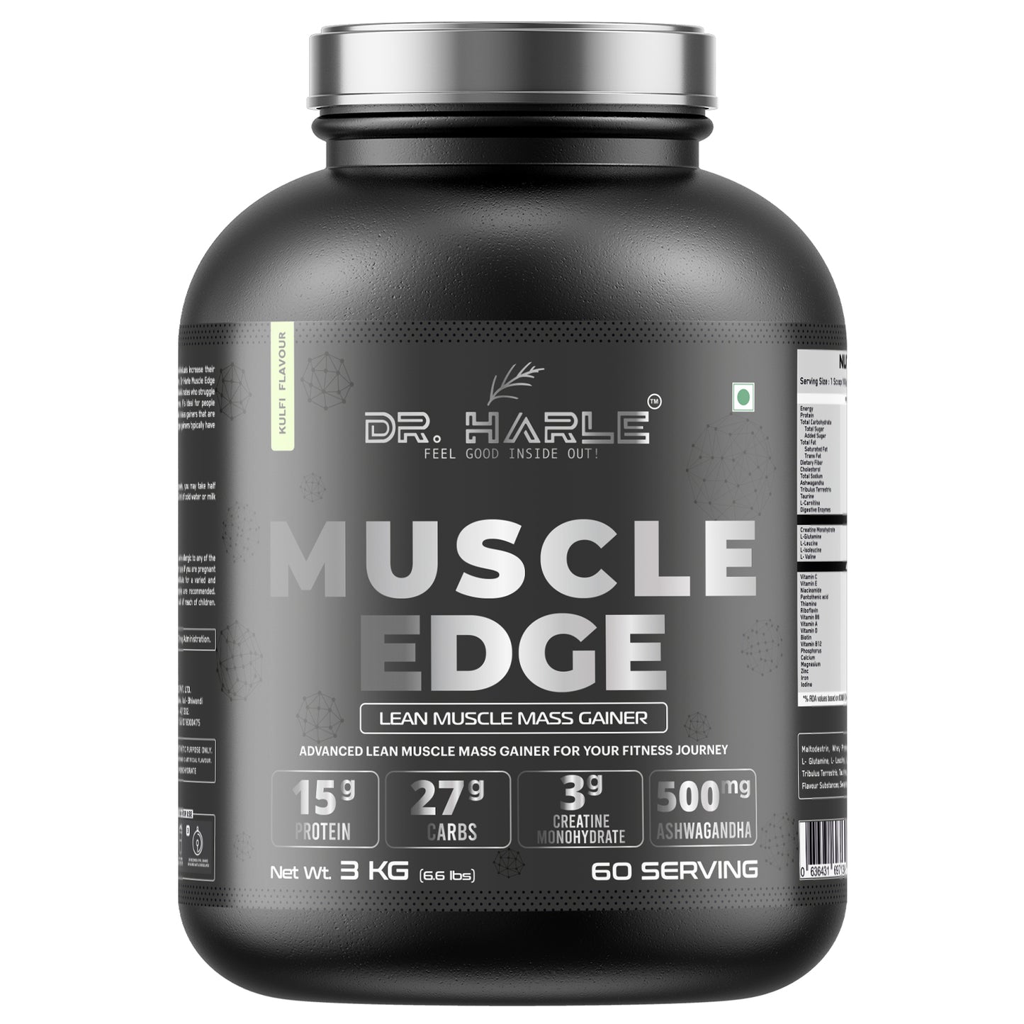 DR. HARLE's Muscle Edge Lean Mass Gainer 3kg | Weight Gainer for Men & Women | 15g Protein per Serving, Ashwagandha 500mg, Creatine 3g, Tribulus 500mg and 17 Vitamins & Minerals | 3kg Kulfi Flavour