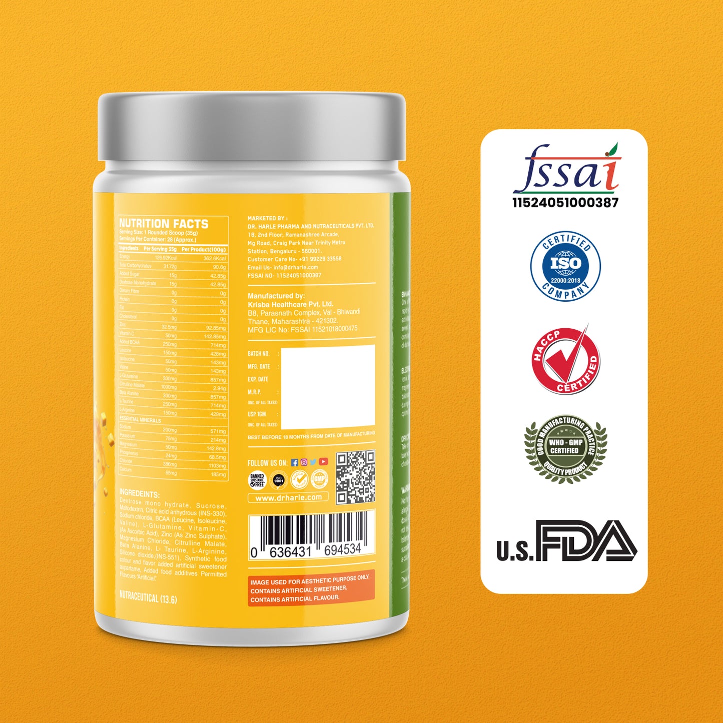 DR. HARLE Ionix Isotonic Energy Drink Powder – 1kg Mango Flavor | Electrolyte & Hydration Support