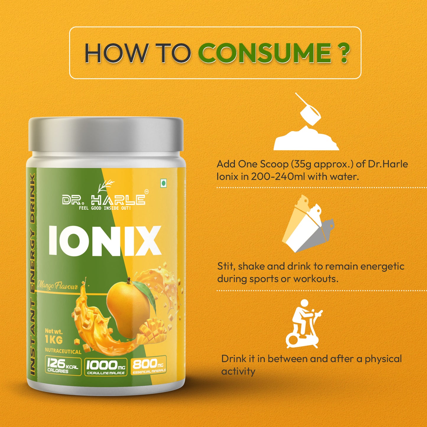 DR. HARLE Ionix Isotonic Energy Drink Powder – 1kg Mango Flavor | Electrolyte & Hydration Support