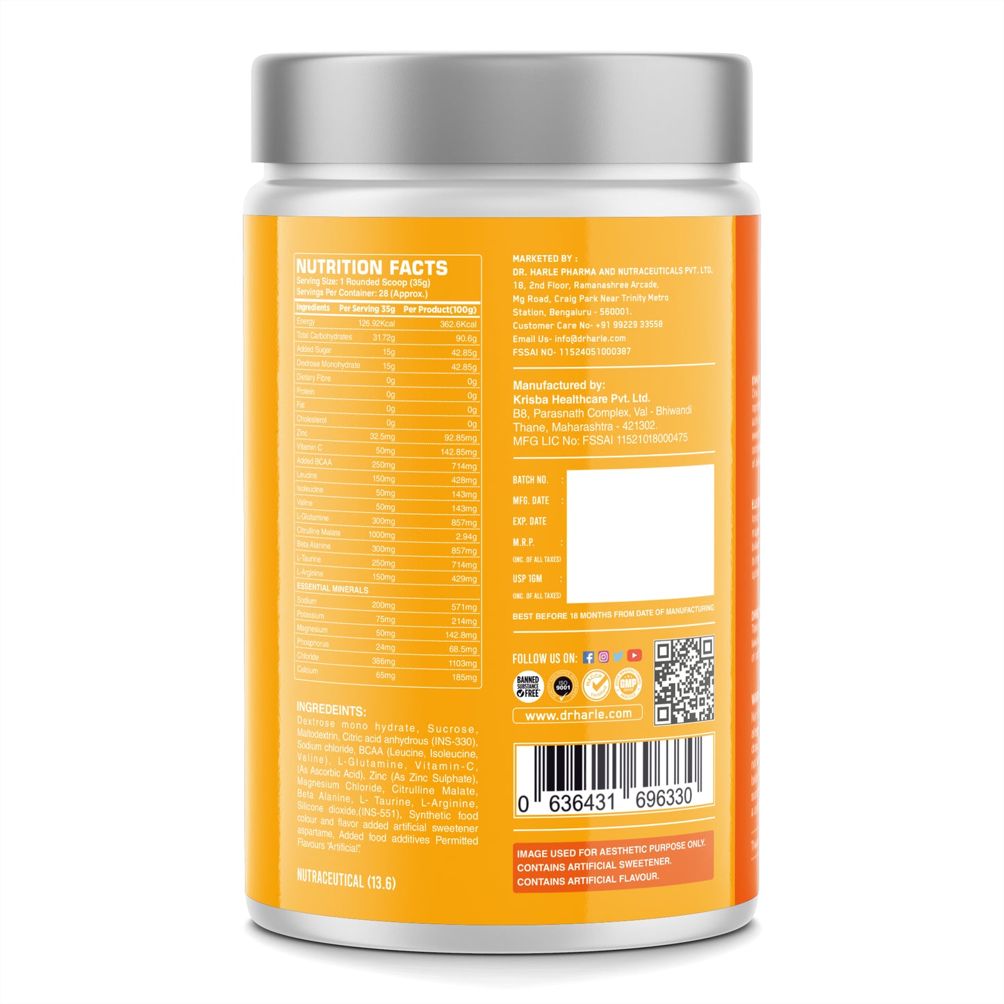 DR. HARLE Ionix Isotonic Energy Drink Powder – 1kg Orange Flavor | Electrolyte & Hydration Support