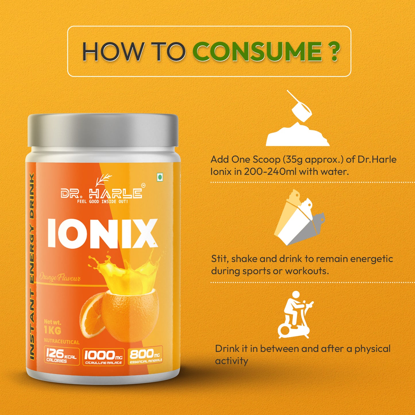 DR. HARLE Ionix Isotonic Energy Drink Powder – 1kg Orange Flavor | Electrolyte & Hydration Support