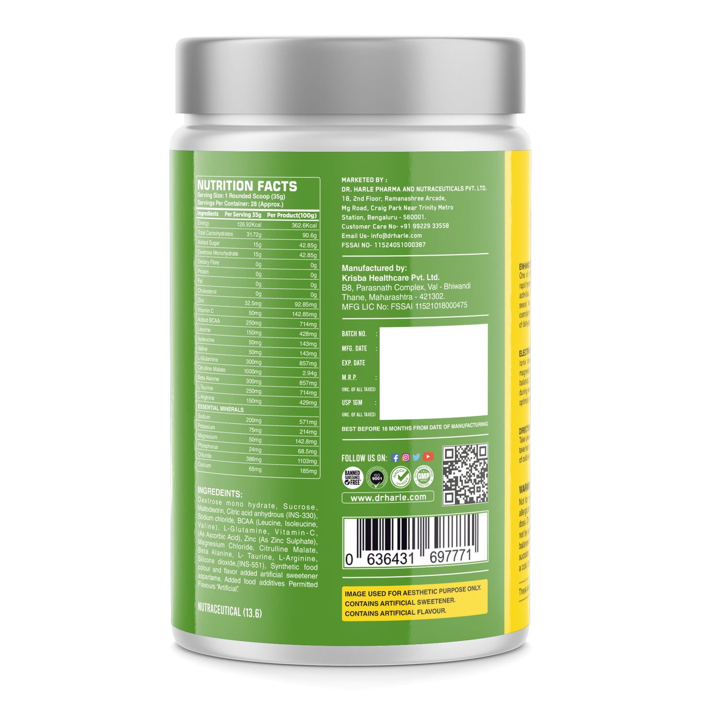 DR. HARLE Ionix Isotonic Energy Drink Powder – 1kg Nimbu Paani Flavor | Electrolyte & Hydration Support