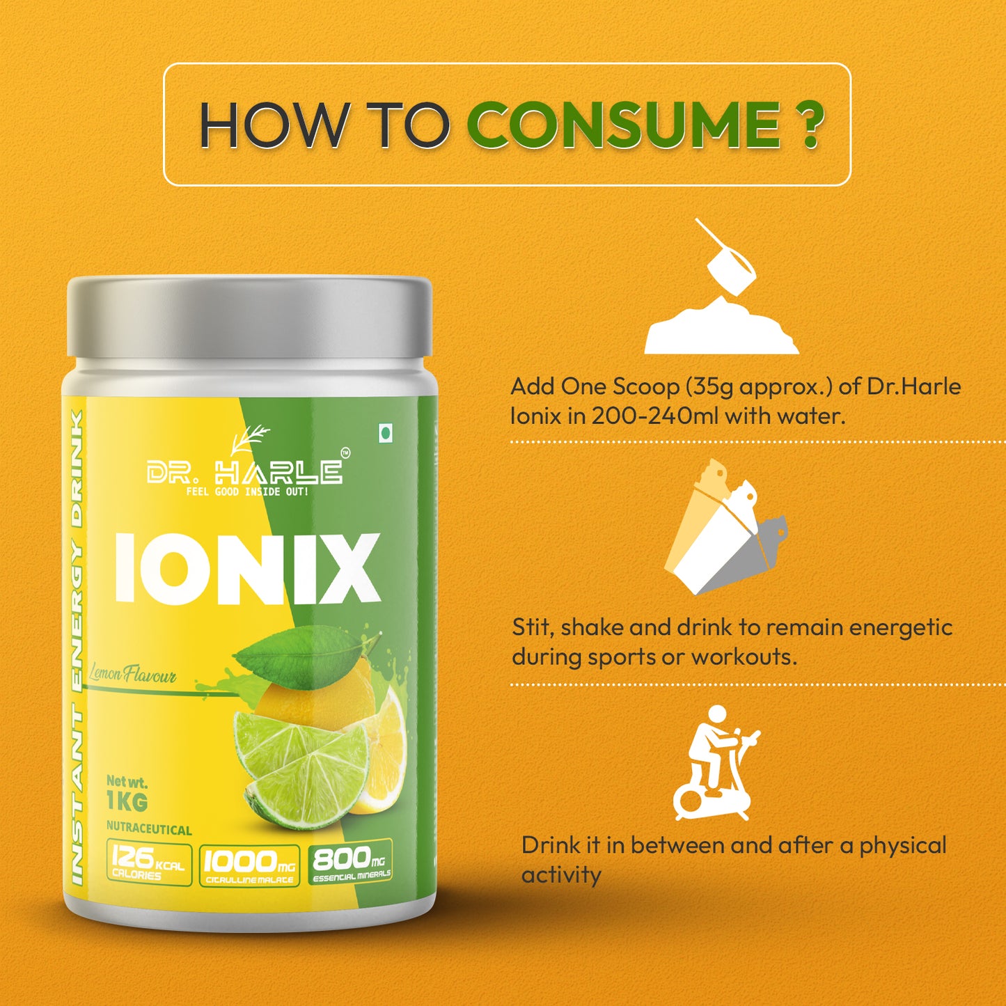 DR. HARLE Ionix Isotonic Energy Drink Powder – 1kg Nimbu Paani Flavor | Electrolyte & Hydration Support