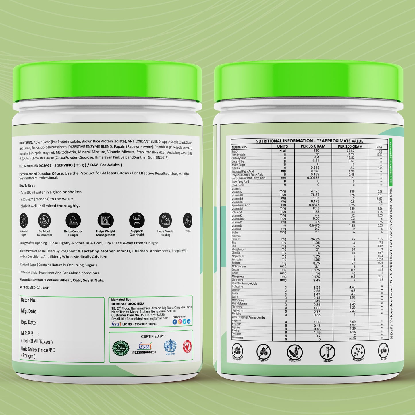 DR. HARLE 100% Vegan Plant Protein Powder for Women & Men 26g Protein, 26 Vitamins & Herbs per Serving with Digestive Enzymes | Supports Muscle Growth & Recovery | All-Natural, Non-GMO, Gluten-Free | Delicious Belgian Chocolate Flavour - 500gm