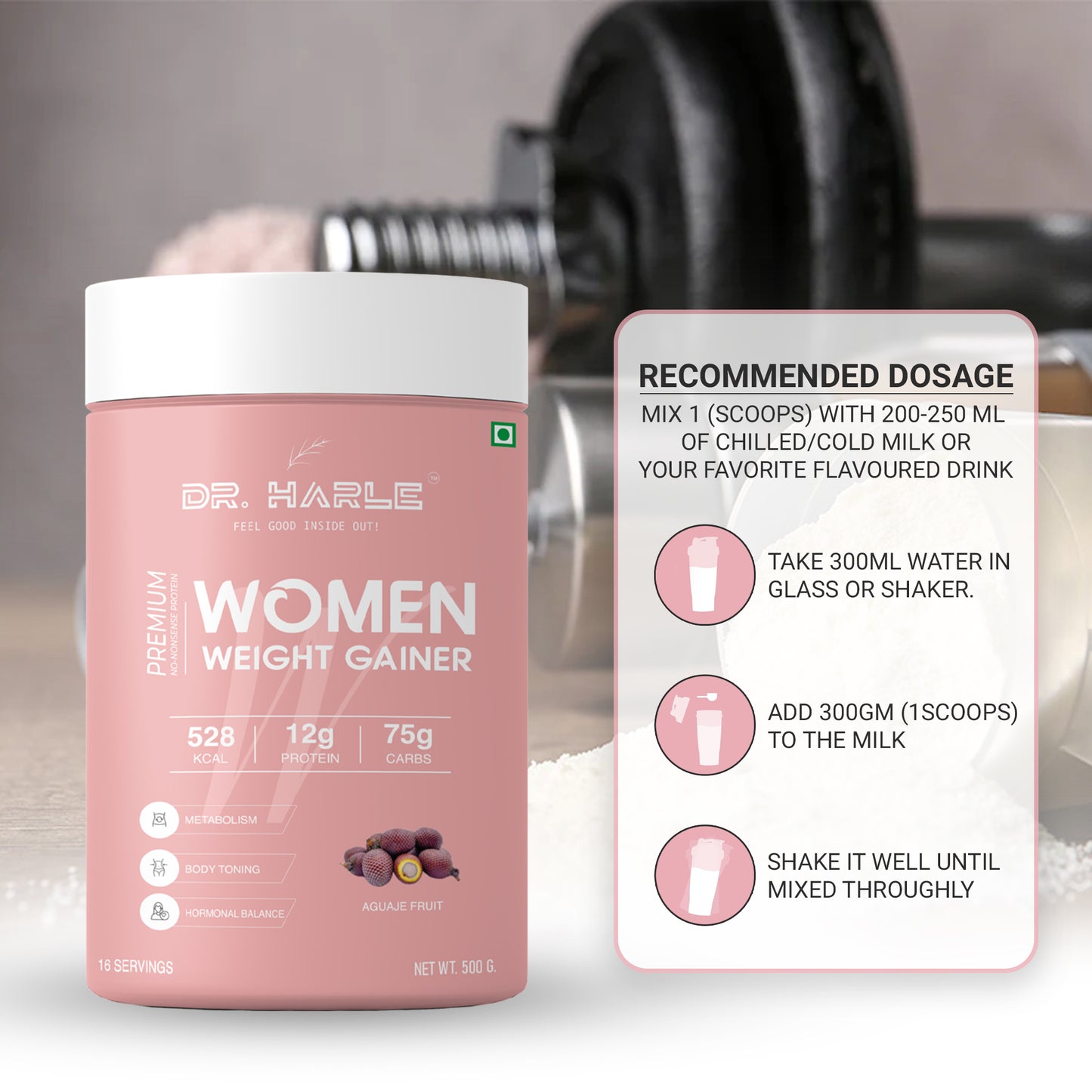 DR. HARLE Weight Gainer for Women with Aguaje Fruit Extract, 25+ Vitamins & Minerals | Curve & Muscle Enhancing Mass Gainer Supplement – Belgian Chocolate Flavor, 500g Weight Gain Protein Powder for Females