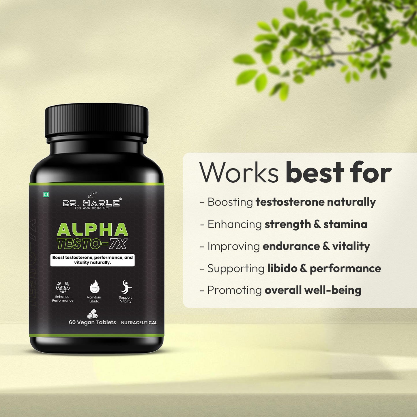 DR. HARLE Testo 7X Testosterone Booster for Men with Shilajit/Shilajeet, Tribulus, Ashwagandha, L-Arginine & Kaunch Beej | 15 Powerful Herbs Support for Enhanced Performance & Stamina - 60 Veg Tablets