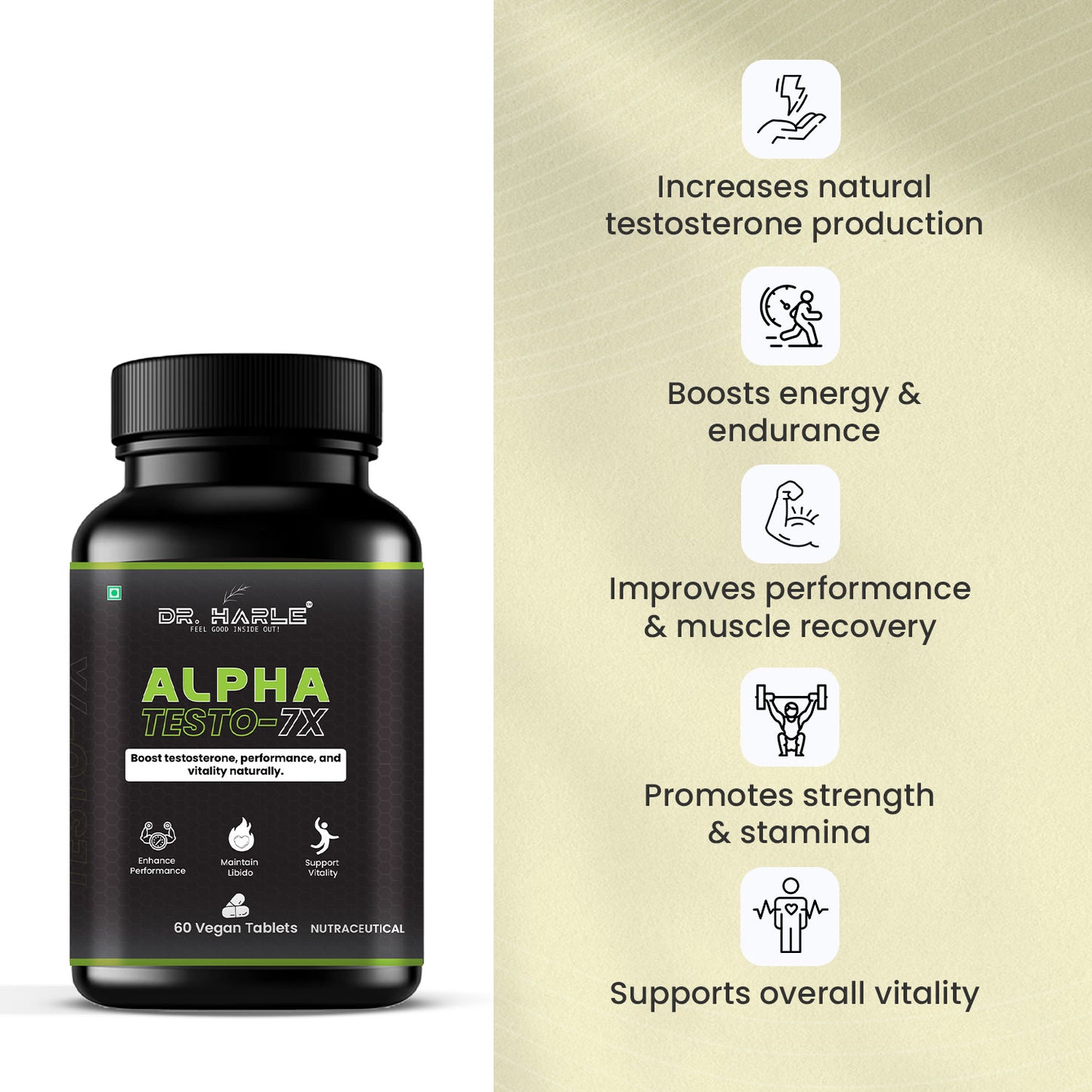 DR. HARLE Testo 7X Testosterone Booster for Men with Shilajit/Shilajeet, Tribulus, Ashwagandha, L-Arginine & Kaunch Beej | 15 Powerful Herbs Support for Enhanced Performance & Stamina - 60 Veg Tablets