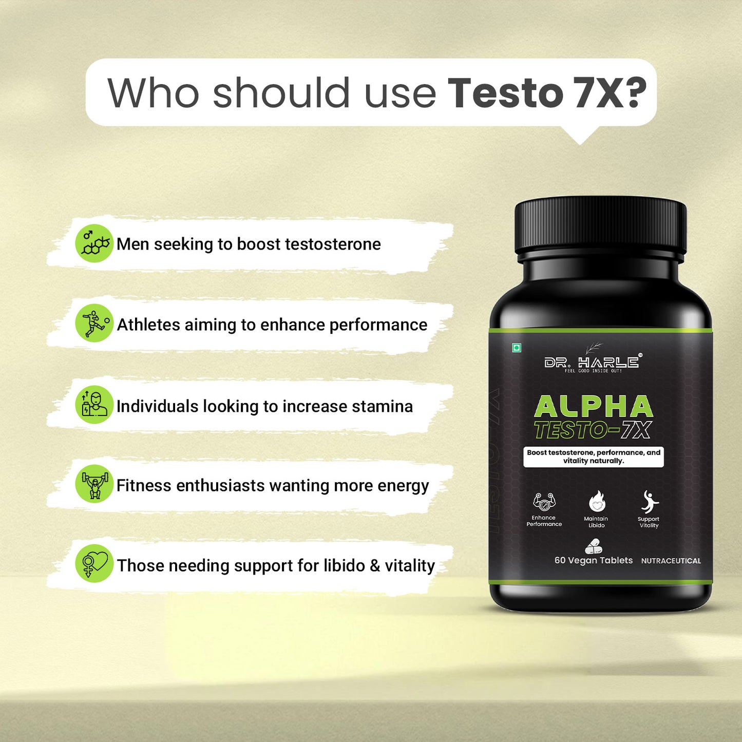 DR. HARLE Testo 7X Testosterone Booster for Men with Shilajit/Shilajeet, Tribulus, Ashwagandha, L-Arginine & Kaunch Beej | 15 Powerful Herbs Support for Enhanced Performance & Stamina - 60 Veg Tablets
