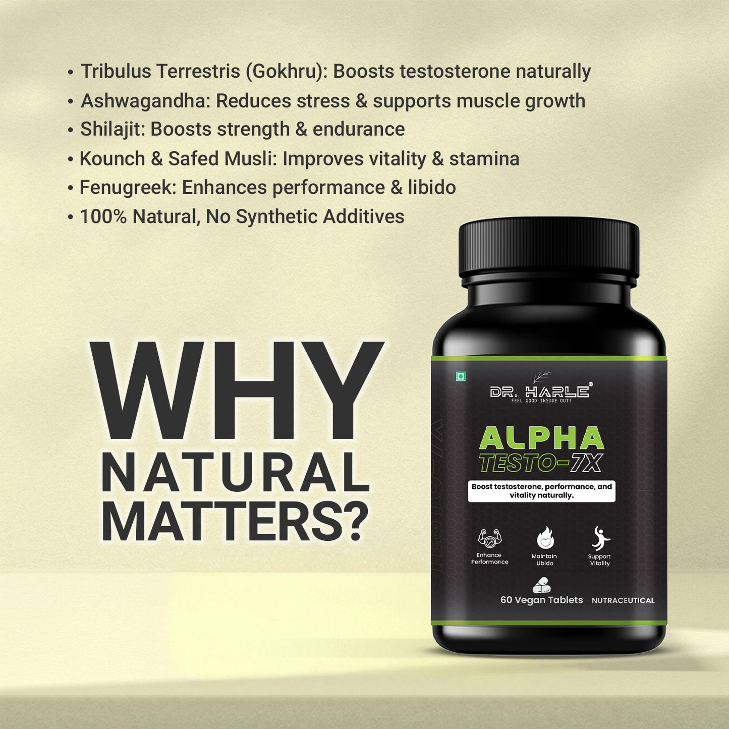 DR. HARLE Testo 7X Testosterone Booster for Men with Shilajit/Shilajeet, Tribulus, Ashwagandha, L-Arginine & Kaunch Beej | 15 Powerful Herbs Support for Enhanced Performance & Stamina - 60 Veg Tablets