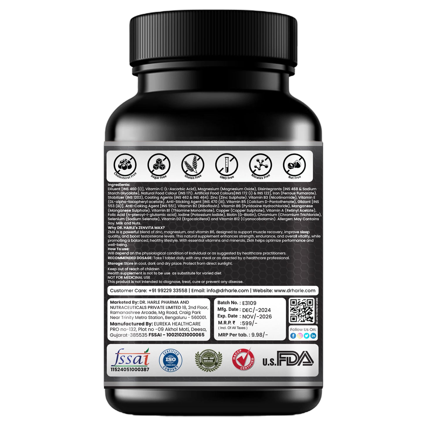 DR. HARLE ZenVita Max India's Only ZMA Supplement for Men & Women with Multivitamins, Minerals, and L-Lysine | Zinc Magnesium Tablets for Muscle Recovery, Sleep Support, Immunity & Endurance - 60 Tablets
