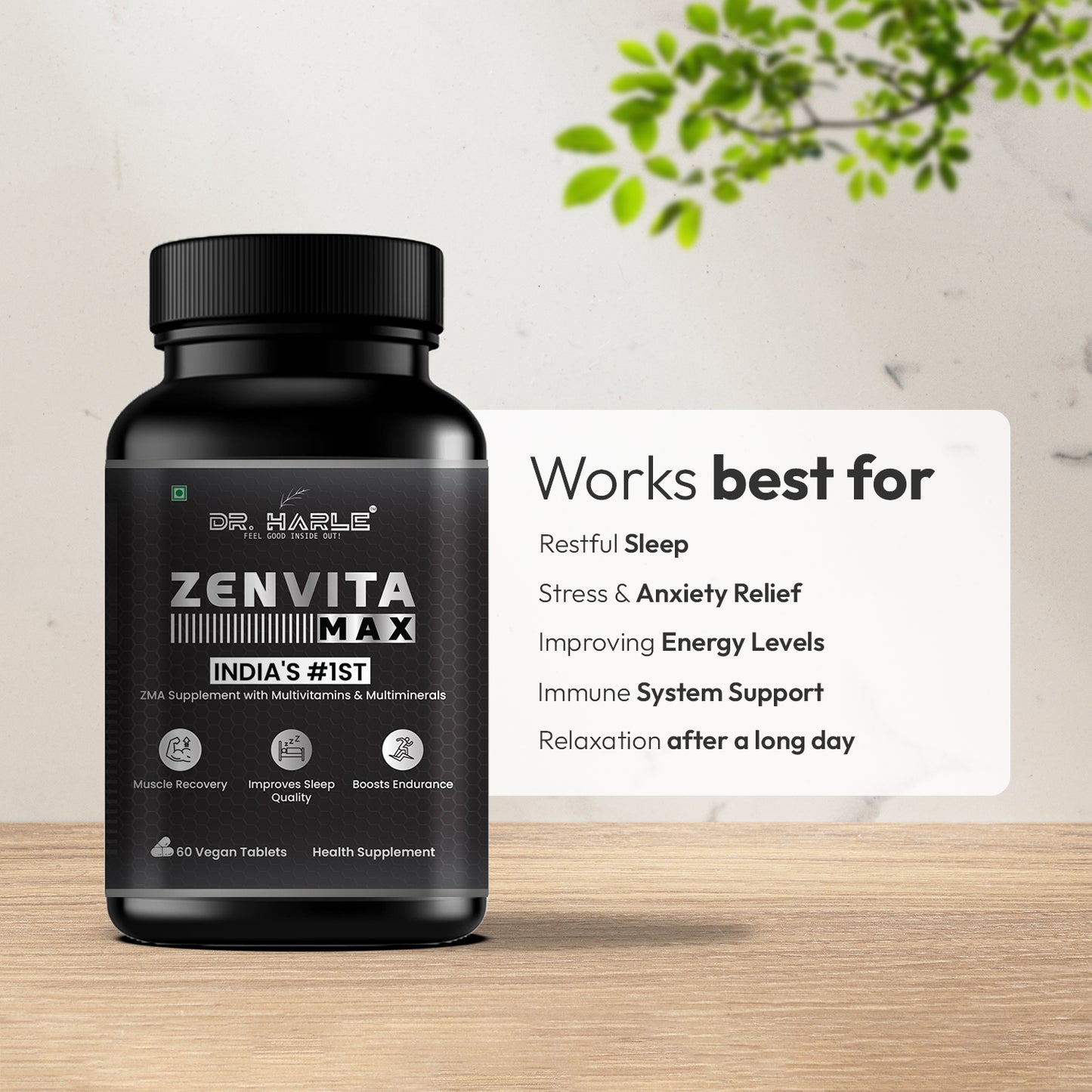 DR. HARLE ZenVita Max India's Only ZMA Supplement for Men & Women with Multivitamins, Minerals, and L-Lysine | Zinc Magnesium Tablets for Muscle Recovery, Sleep Support, Immunity & Endurance - 60 Tablets
