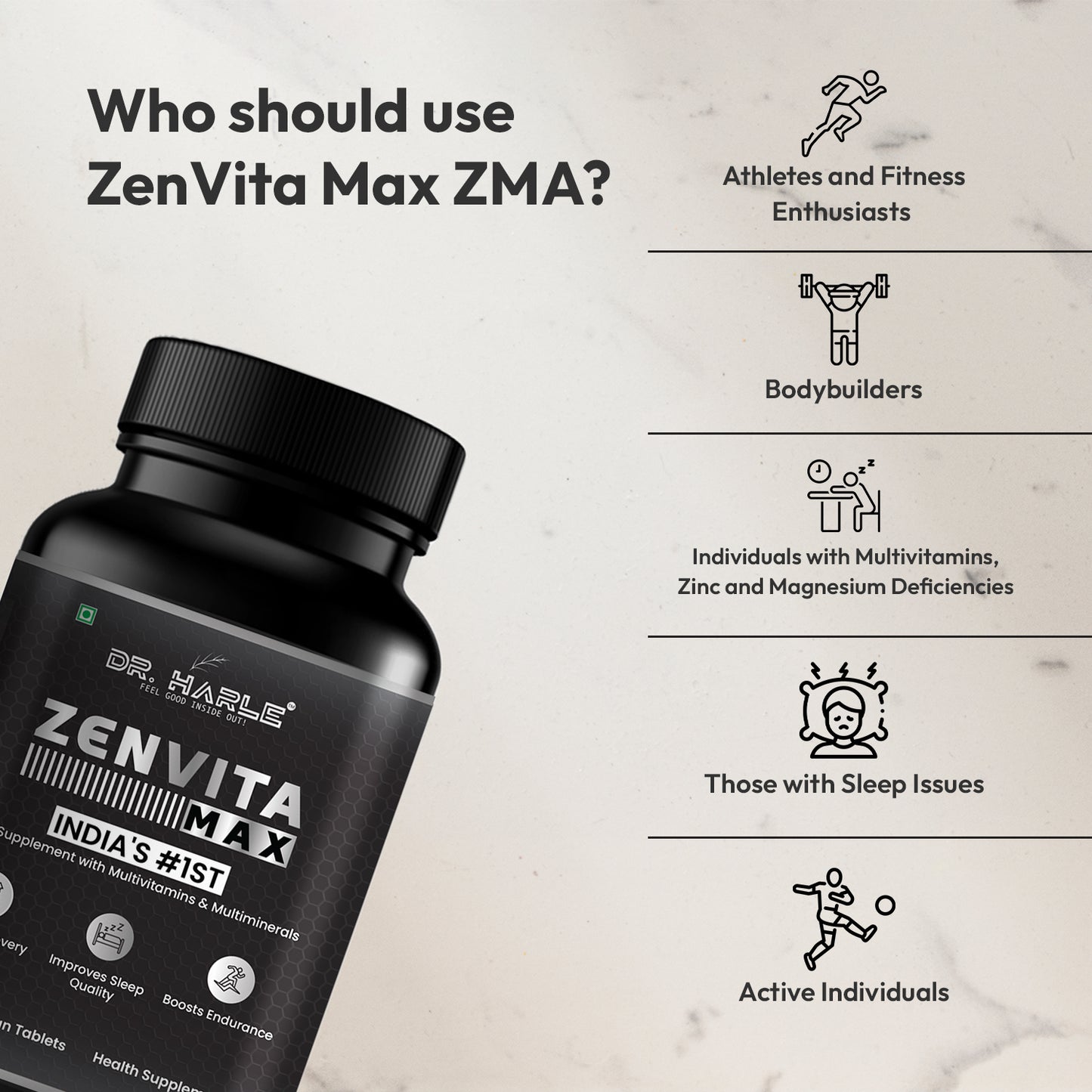 DR. HARLE ZenVita Max India's Only ZMA Supplement for Men & Women with Multivitamins, Minerals, and L-Lysine | Zinc Magnesium Tablets for Muscle Recovery, Sleep Support, Immunity & Endurance - 60 Tablets