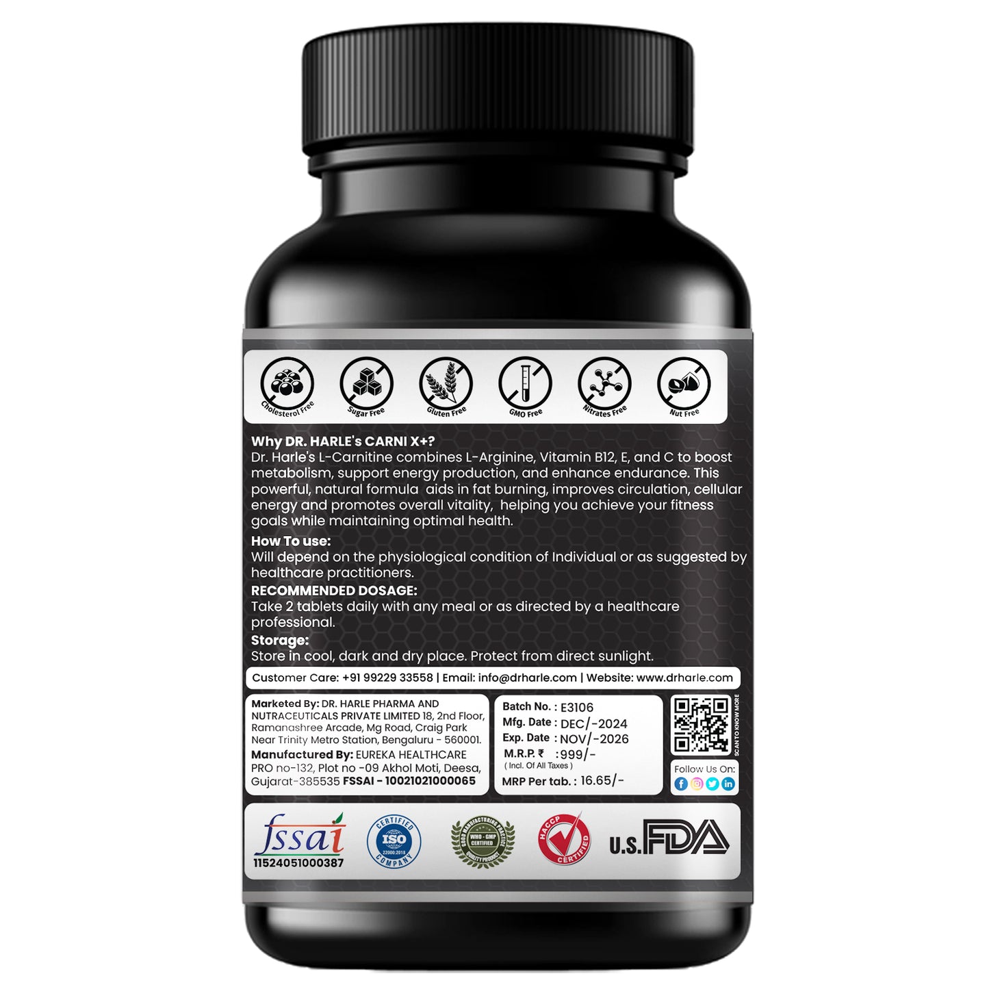 DR. HARLE Carni X+ L-carnitine, L-arginine, Vitamin-C,B12,E - 60 tablets