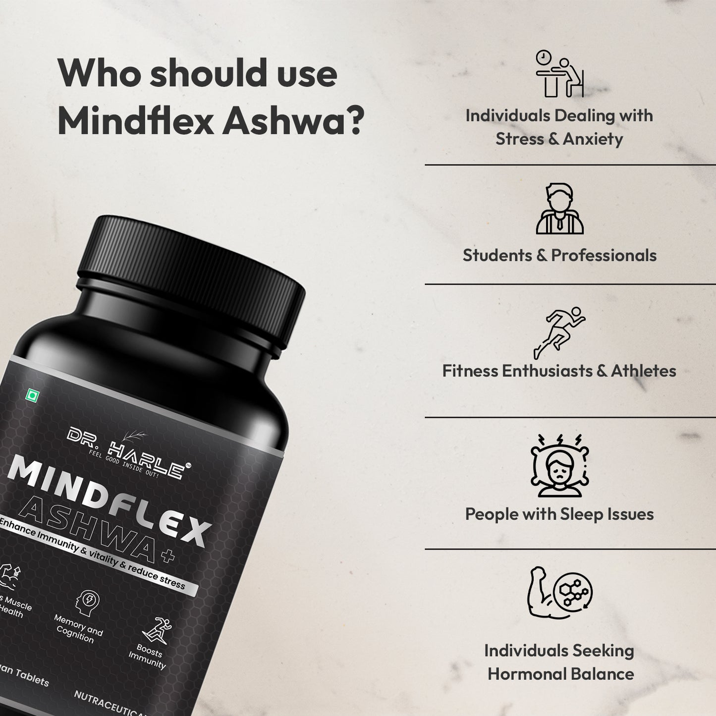 DR. HARLE MindFlex Ashwa+ | Ashwagandha Supplements for Stress Relief, Immunity, Vitality & Mental Clarity | Ashwagandha Tablets with 9 Himalayan Herbs | Natural Adaptogen Formula – 60 Tablets