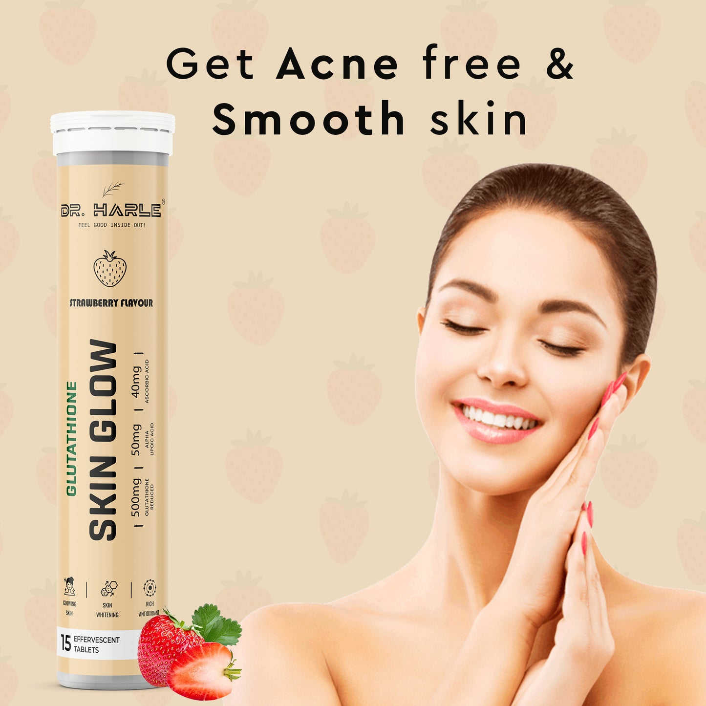 DR. HARLE Japanese Glutathione Effervescent Tablets 500mg – Skin Brightening, Anti-Aging & Detox with Vitamin C, Alpha Lipoic Acid, L-Arginine & Grape Seed Extract for Glowing Clear Skin - 15 Tablets Strawberry Flavour