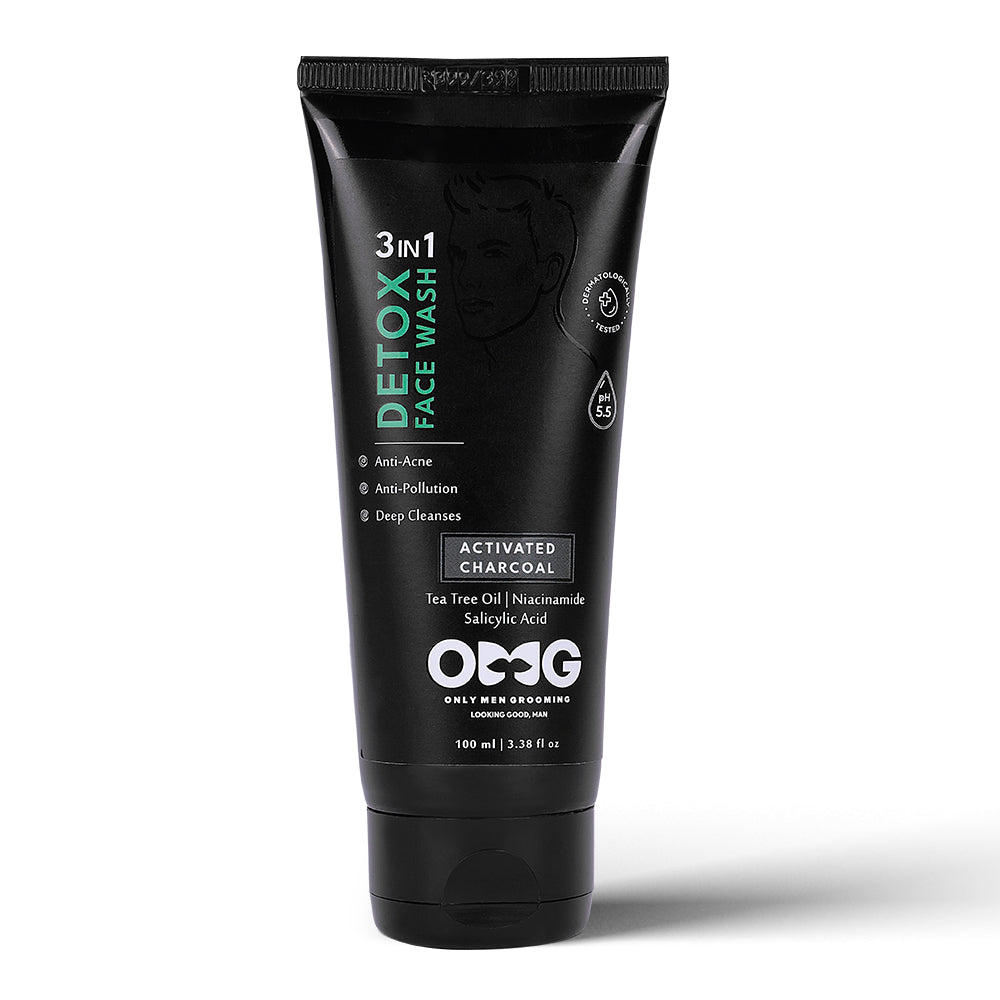 OMG Only Men Grooming Salicylic 3 in 1 Detox Face Wash | Activated Charcoal for Acne & Breakouts | Deep Cleansing, Oil Control & Pollution Protection | Sulfate-Free & Paraben-Free | pH Balanced | All Skin Types