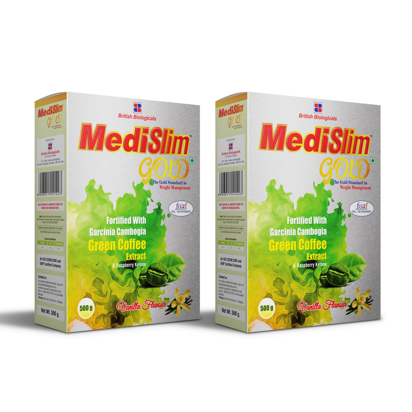 Medislim Gold Meal Replacement Shake For Weight Management - 500 GM - Sugar-free, Cholesterol-free, Zero Trans-fat, Gluten-free Drink with (Goodness of Garcinia Cambogia, Raspberry, Ketone) - BRITISH BIOLOGICALS. (Pack of 2)