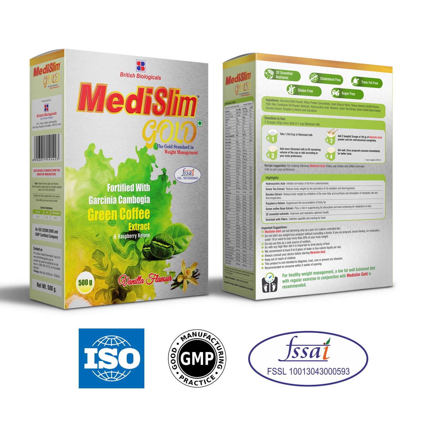 Medislim Gold Meal Replacement Shake For Weight Management - 500 GM - Sugar-free, Cholesterol-free, Zero Trans-fat, Gluten-free Drink with (Goodness of Garcinia Cambogia, Raspberry, Ketone) - BRITISH BIOLOGICALS. (Pack of 2)