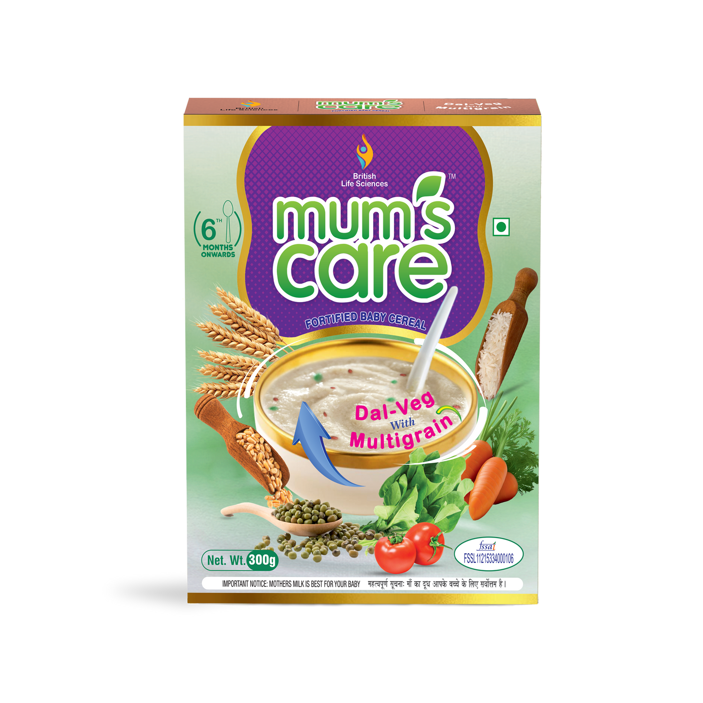 Mums Care Dal Veg Multigrain Baby Cereal – Nutritious & Delicious Instant Food for Growing Babies Rich in Iron, Calcium & Protein | NO Added Colours & Flavours | 300g | 6 month Onwards