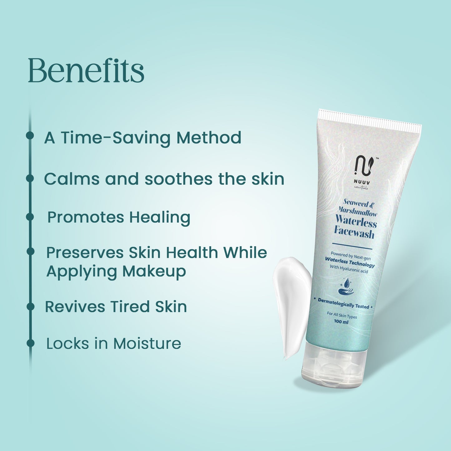 Nuuv Essential - Waterless Face Wash | Rinse-Free Cleanser | Seaweed, Aloe, Marshmallow & Hyaluronic Acid | Hydrating | Vegan | Paraben-Free | For All Skin Types | 100ml