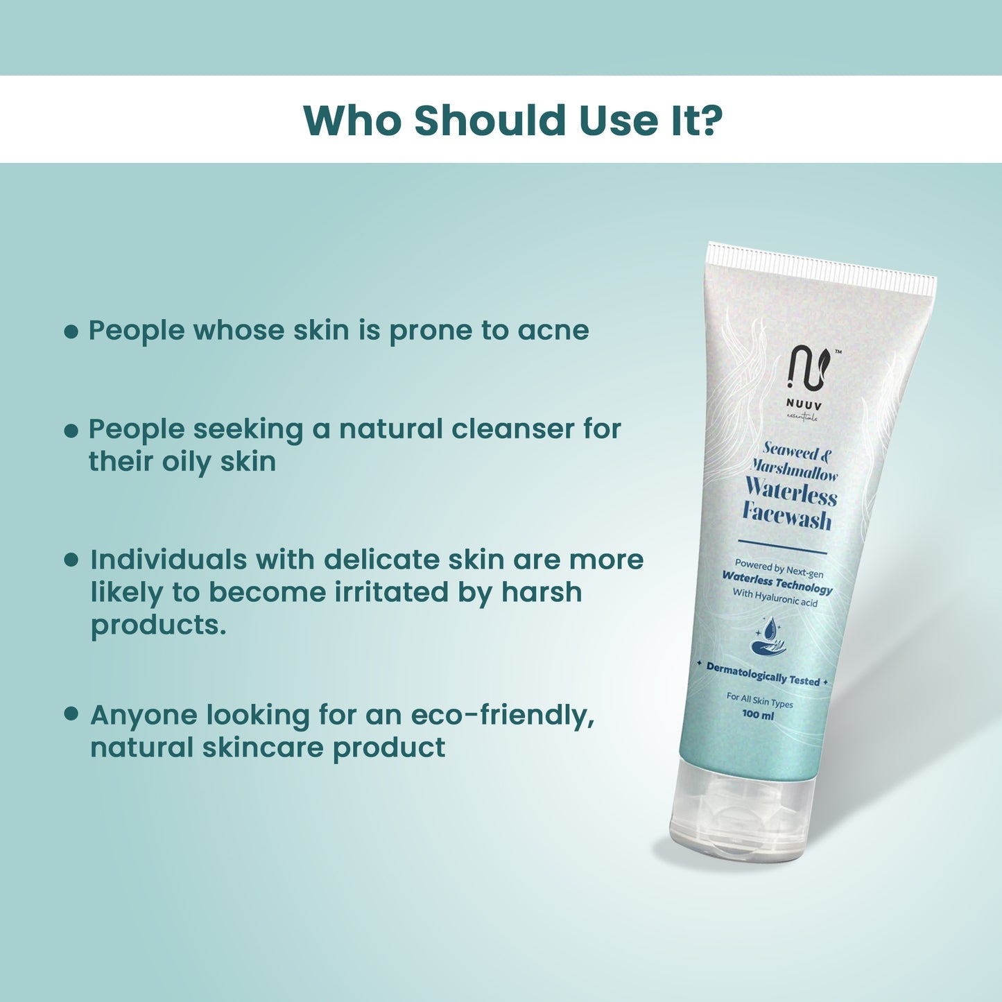Nuuv Essential - Waterless Face Wash | Rinse-Free Cleanser | Seaweed, Aloe, Marshmallow & Hyaluronic Acid | Hydrating | Vegan | Paraben-Free | For All Skin Types | 100ml