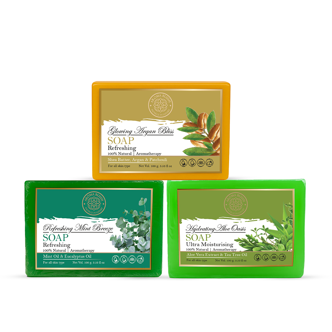 AROMABLUSH Hydrating Aloe Oasis, Refreshing Mint Breeze & Glowing Argan Bliss Combo Soap