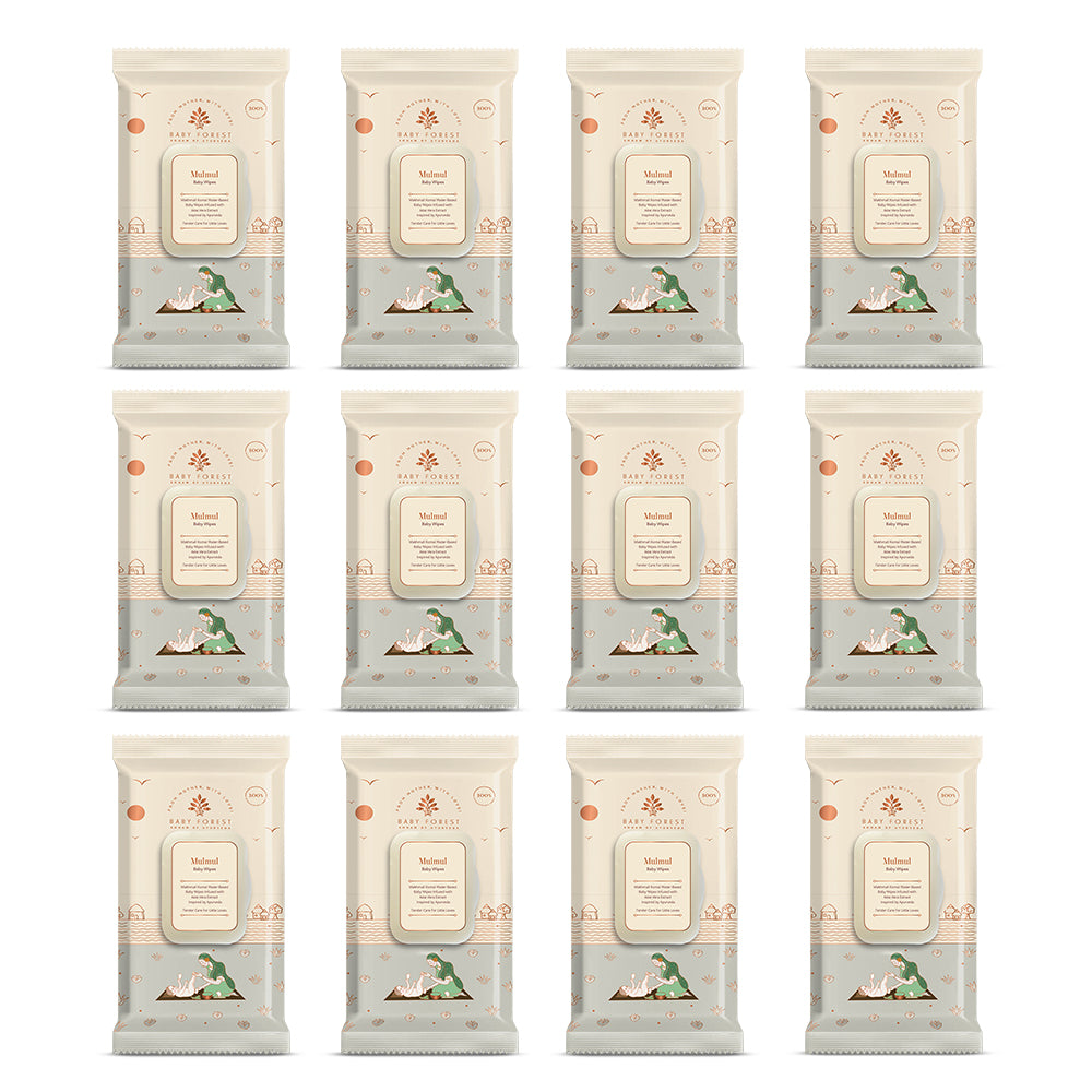 Baby Forest Mulmul Baby Wipes, Ultra-soft, Water-based, 3X thicker and softer wipes 72 Wipes, Pack of 12