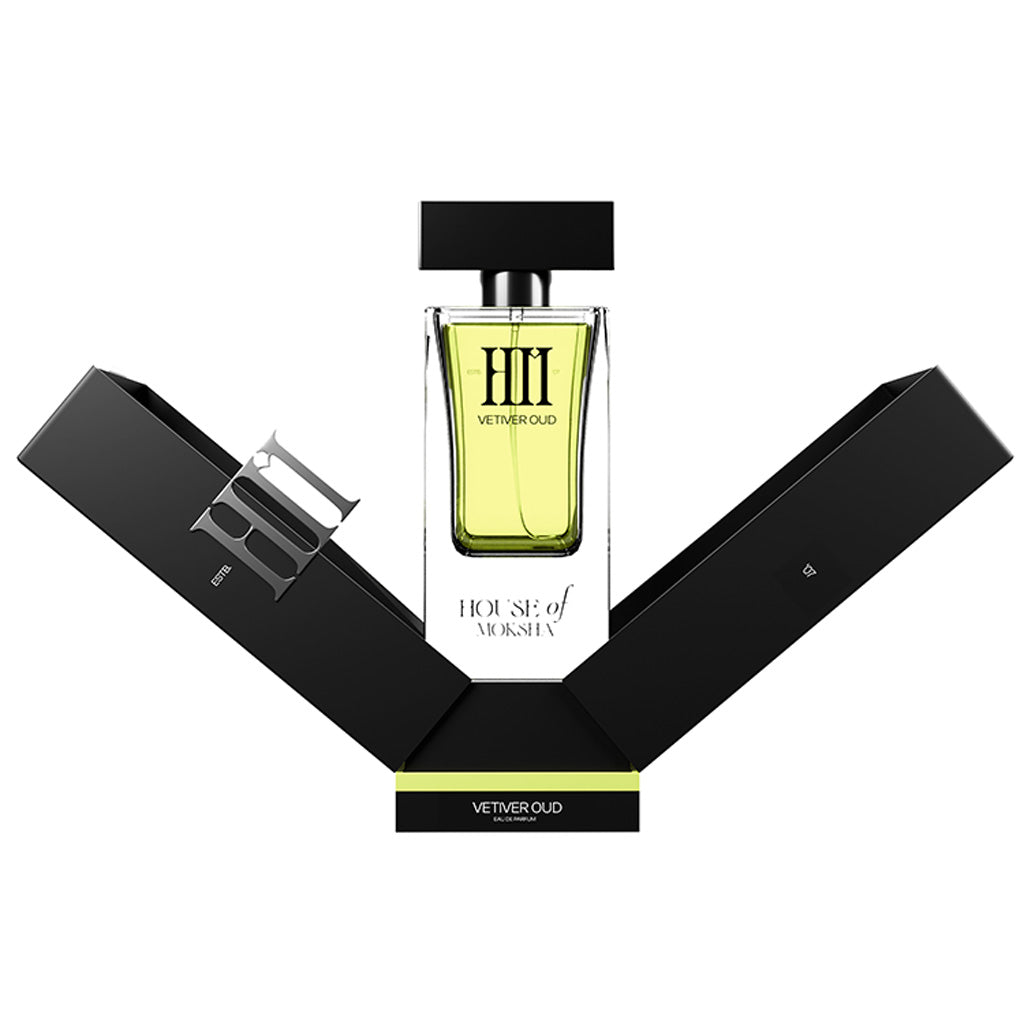 House of Moksha Vetiver Oud Eau De Parfum - 70ml Unisex Perfume with Fresh Bergamot, Floral Jasmine and Rose, Grounded by Oud, Amber and Sandalwood for a Balanced, Elegant Scent