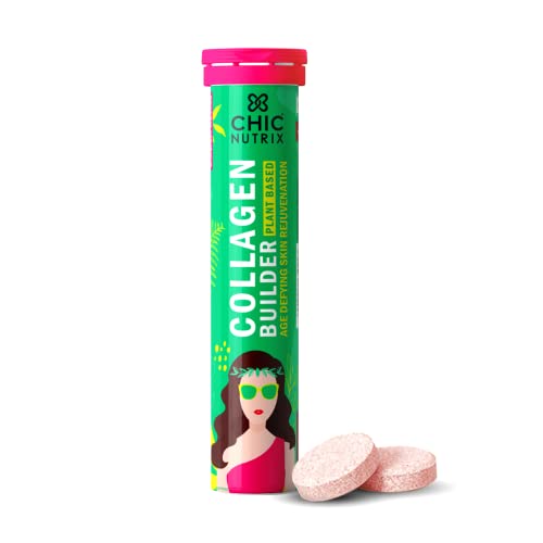 Chicnutrix Plant Based Collagen Builder | Vitamin C & E with Biotin | Bamboo & Acerola Extract | Skin Cell Renewal & Protection for Young-Looking Skin | 20 Blueberry Flavoured Effervescent Tablets