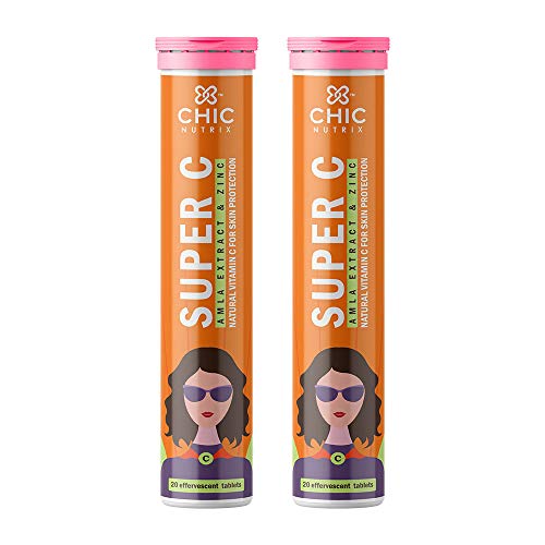 Chicnutrix Super C - Natural Vitamin C + Zinc Tablets, With Amla Extract – Antioxidant |Sun Protection | Boosts Collagen Production| Overall Health | 40 Effervescent Tablets - Orange Flavour