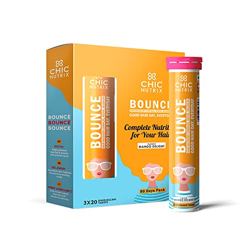 Chicnutrix Bounce | Biotin With Selenium and Amino Acids | For Hair Fall & Hair Growth Management | Strong Hair | Mango Flavour (60 Effervescent Tablet)