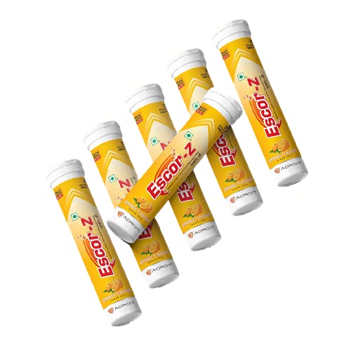 Adroit - Escor-Z Effervescent Tablets | Immunity Booster Effervescent Tablets | With Vitamin C (Amla Extract) And Zinc | Boosts Cell Repair And Cell Growth | Antioxidant Boost | Orange Flavour | Sugar-Free | 20 Effervescent Tablets (Pack Of 6)