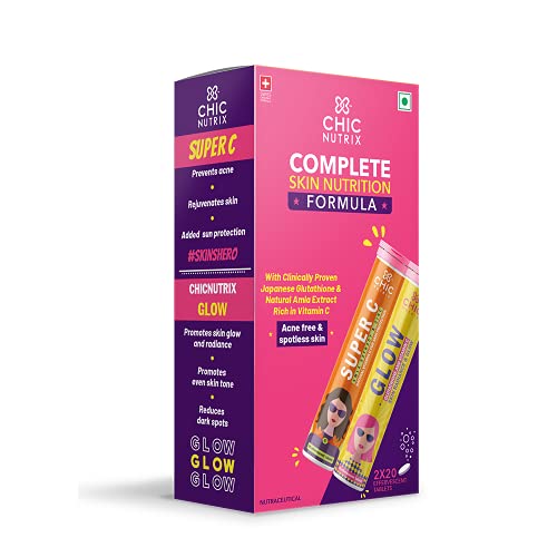 Chicnutrix Glow + SuperC – Glutathione & Vitamin C tablets – Natural Amla Extracts for Skin Care & Immunity – 20 tablets each – Fizzy Orange & Strawberry-lemon Flavor