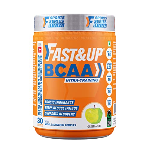 Fast&Up BCAA (30 Servings, Green Apple Flavour) Advanced BCAA Supplement powder with Glutamine, Citrulline, L-Arginine & Taurine For Muscle Recovery & Endurance - For Pre/Post & Intra Workout(450g)