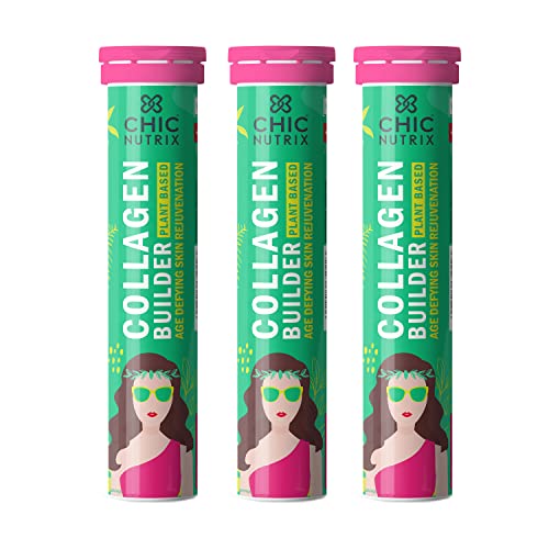 Chicnutrix Plant Based Collagen Builder | Vitamin C & E with Biotin | Bamboo & Acerola Extract | Skin Cell Renewal & Protection for Healthy & Young-Looking Skin | 60 Blueberry Flavoured Effervescent Tablets